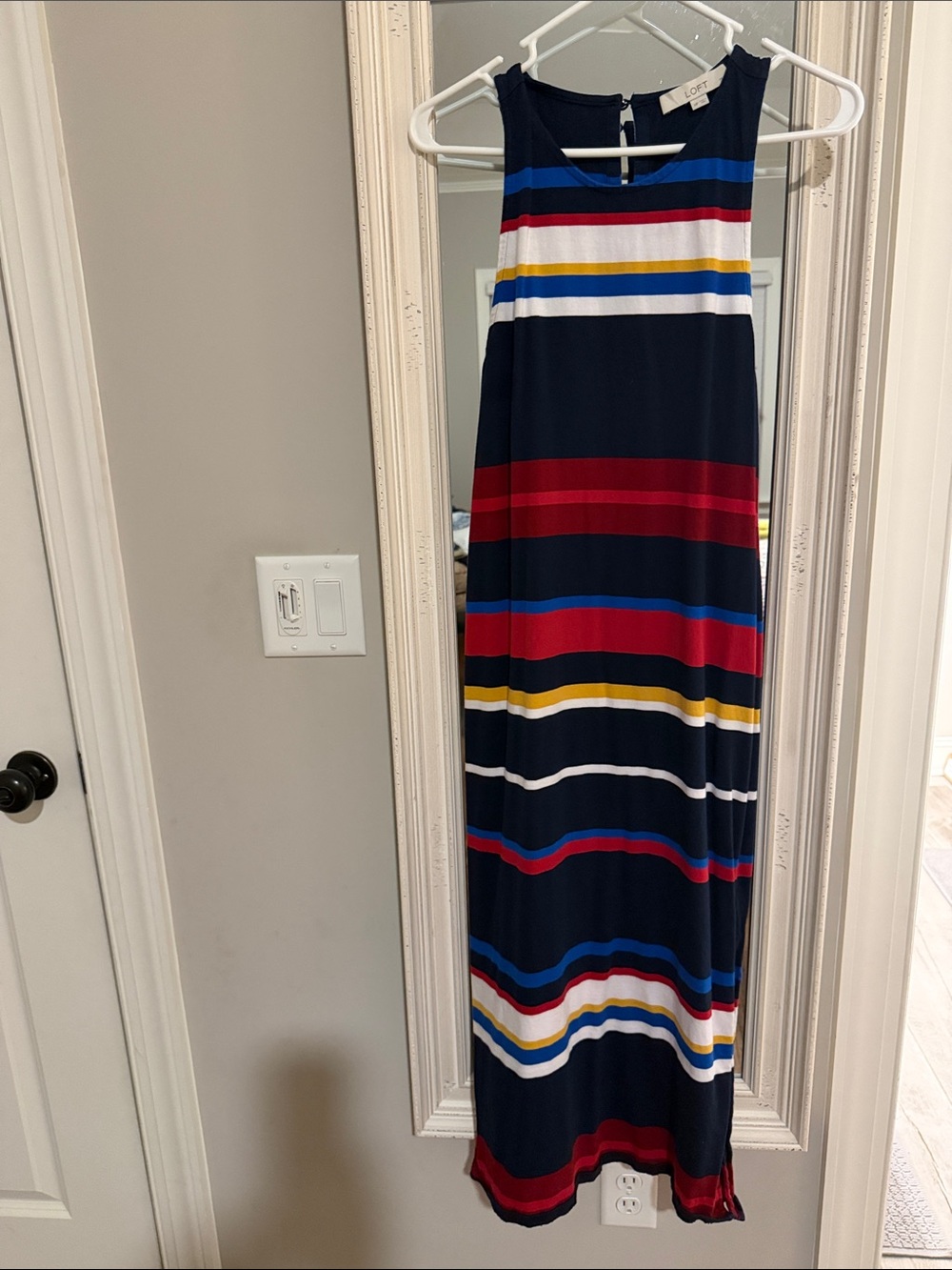 LOFT Navy Multicolor Striped Maxi Dress